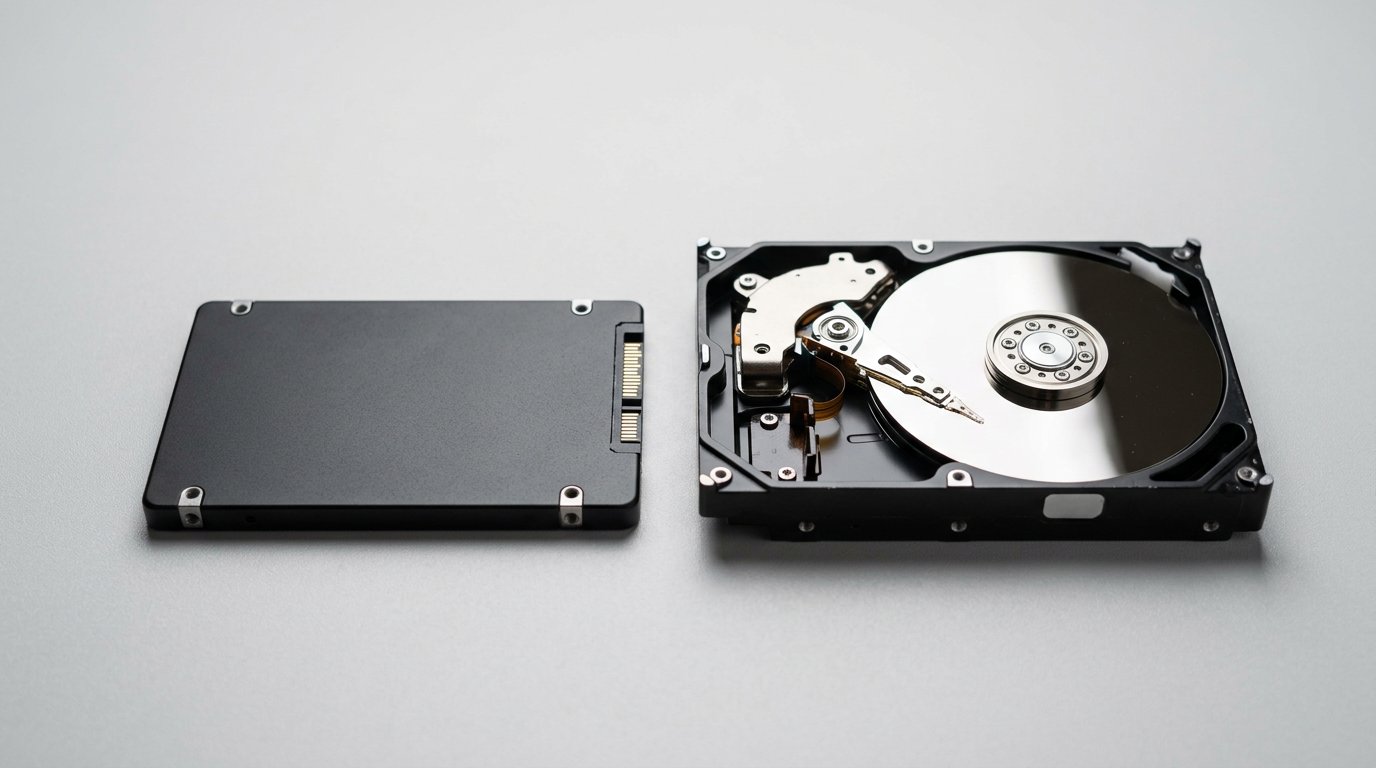 A solid-state drive beside an opened hard disk drive showing its platter