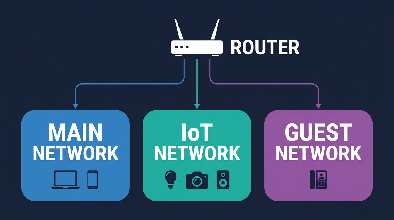 Home network segmentation diagram showing main network, IoT network, and guest network split from one router