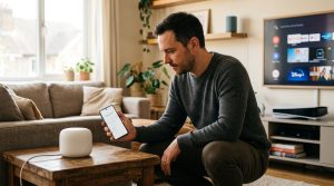 Person setting up a home router to segment smart home, work, and gaming devices on separate networks
