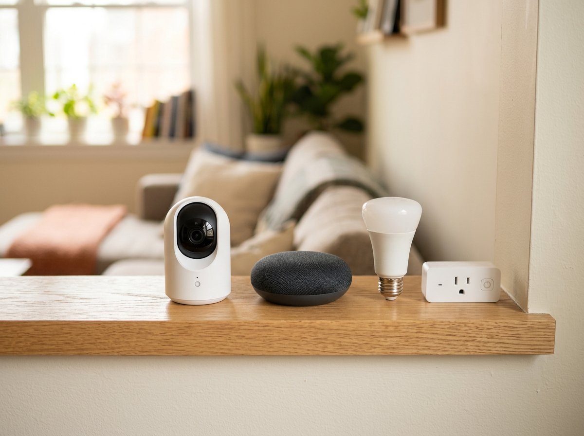 Group of smart home IoT devices including camera, speaker, and smart bulb that belong on a separate network