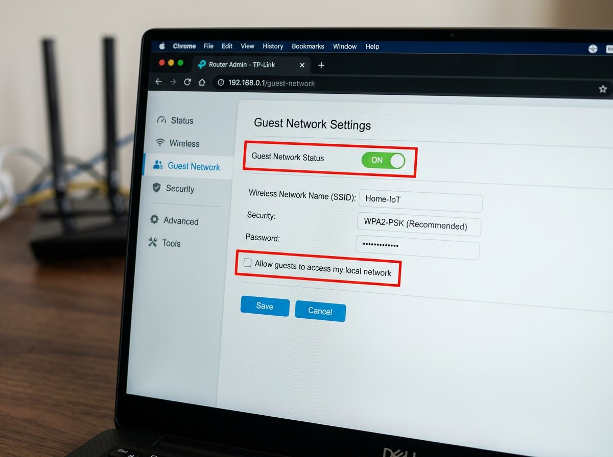 Router admin settings page showing the guest network toggle and client isolation option enabled
