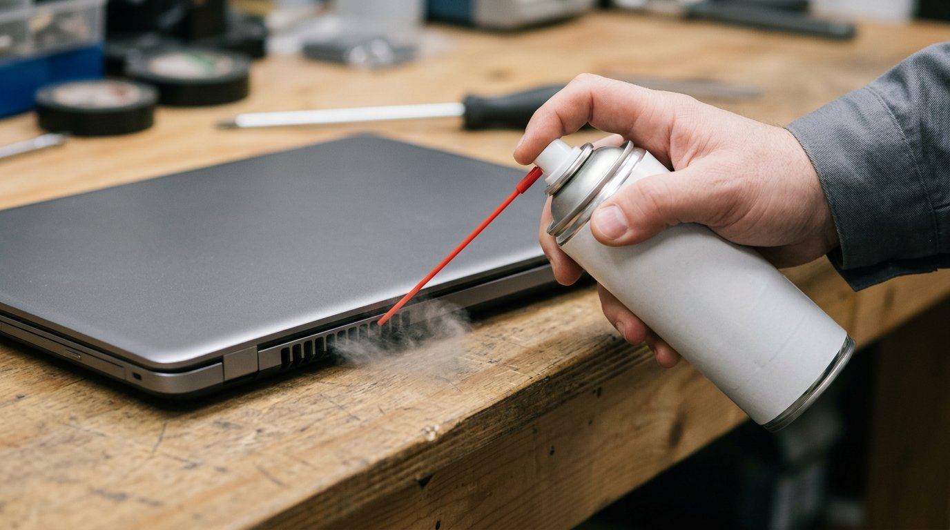 Cleaning a laptop cooling vent with a can of compressed air