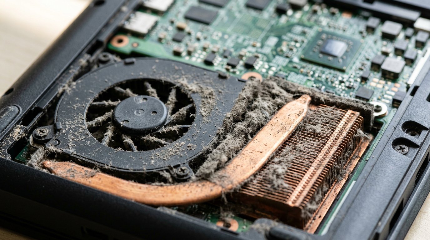 Dust-clogged laptop cooling fan and copper heatsink fins seen during a repair