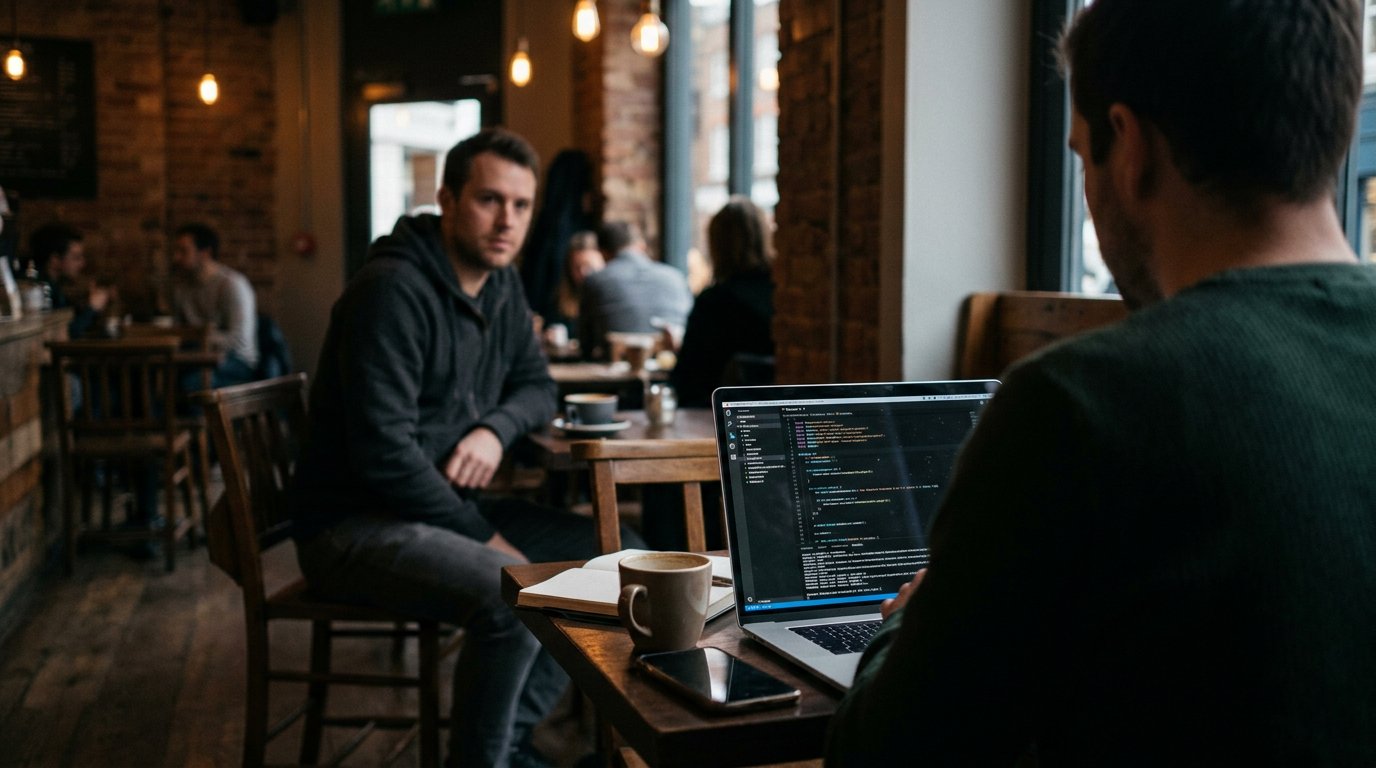A hooded figure watching a laptop user on public Wi-Fi at a cafe