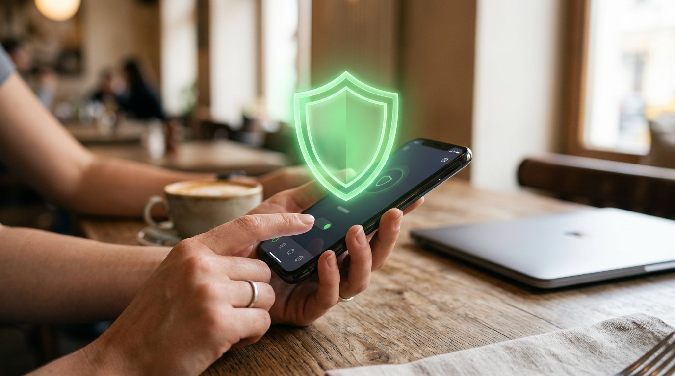 A phone with a glowing green shield, showing a protected VPN connection on public Wi-Fi