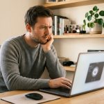 Man at a laptop deciding between restart and shut down in Windows 11