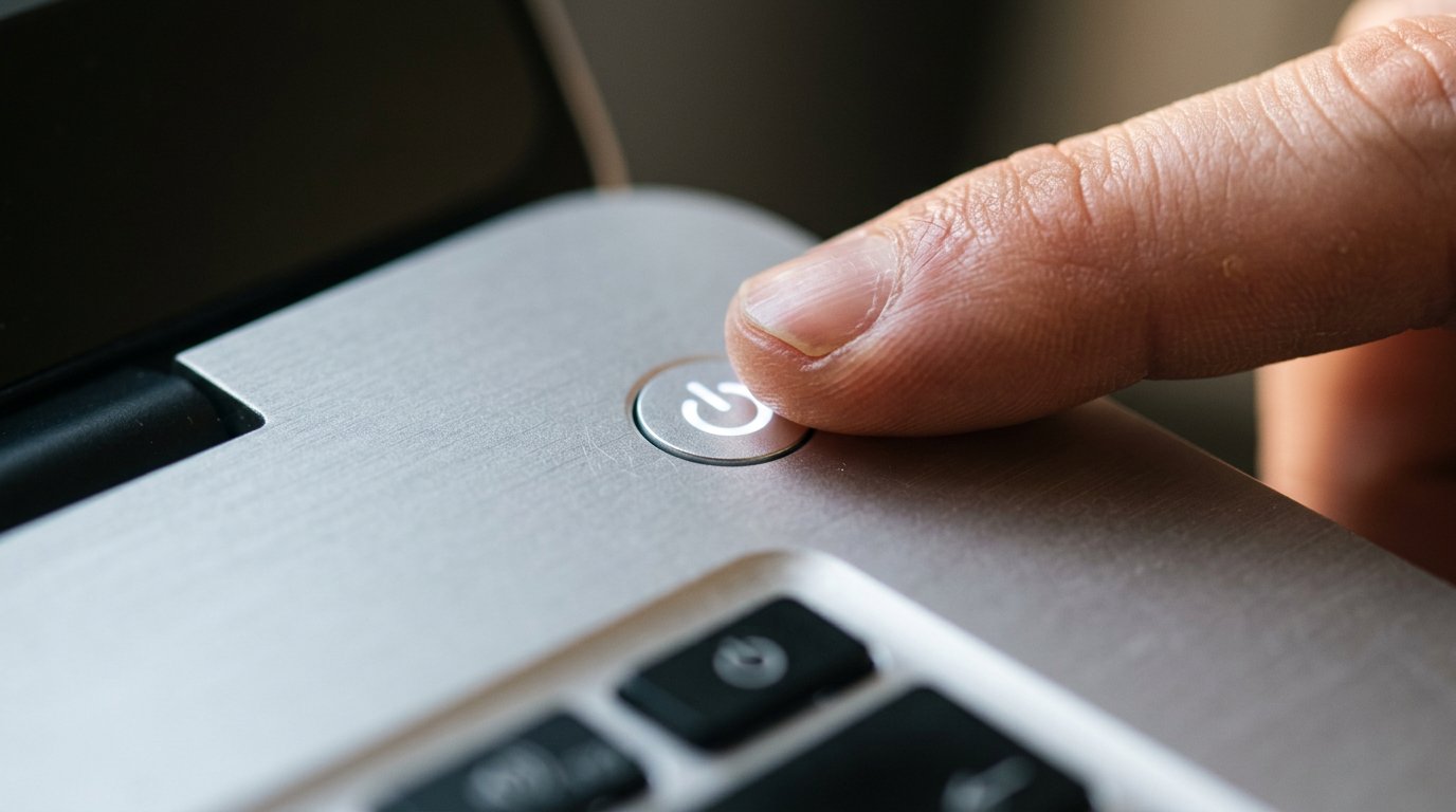 Finger pressing a glowing power button on a laptop keyboard