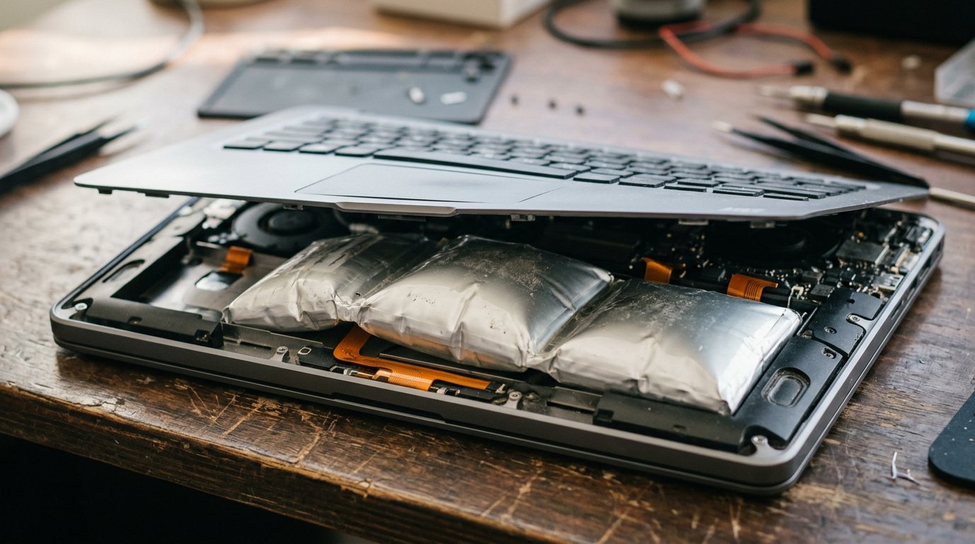 A swollen, puffed-up lithium battery bulging inside an opened laptop