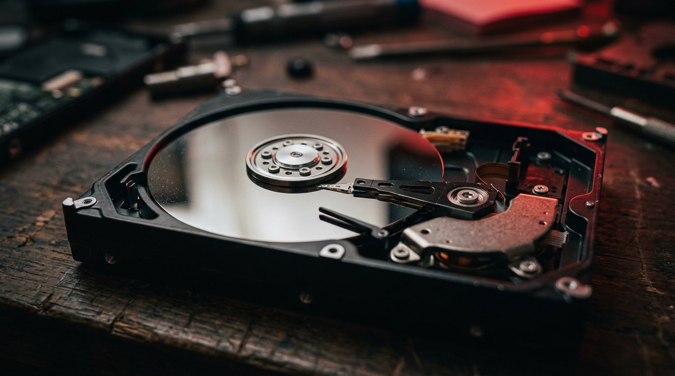 Opened hard drive with a red warning glow, illustrating drive failure