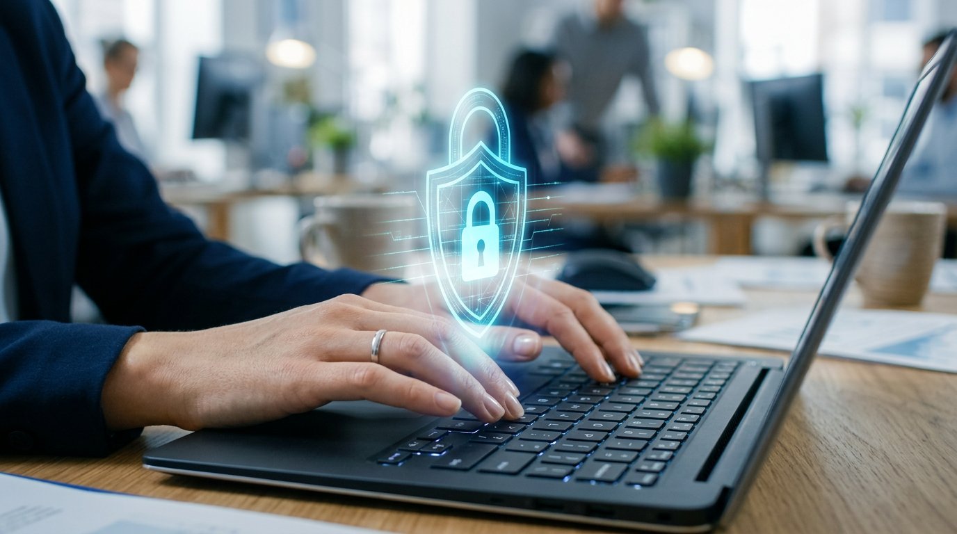 Hands at a laptop with a glowing padlock, illustrating account security and MFA