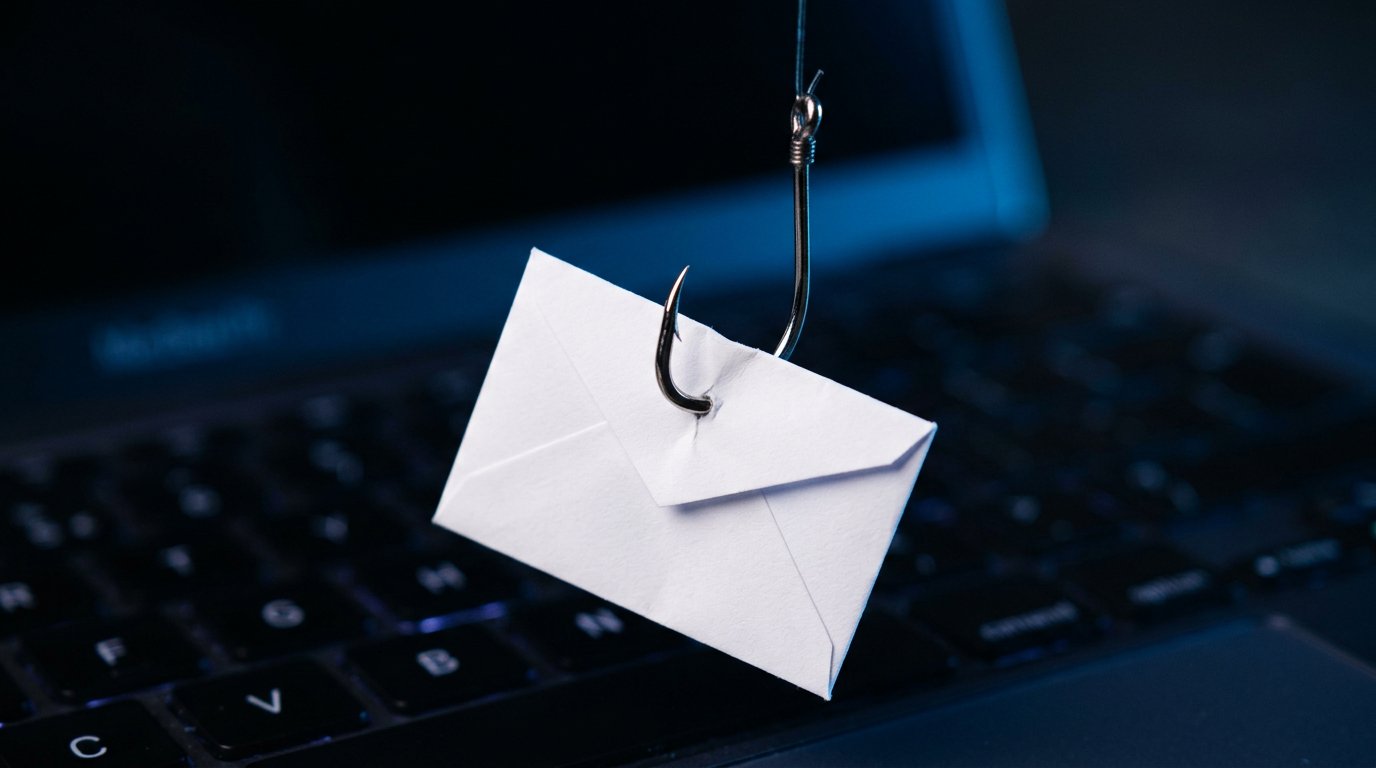 A fishing hook lifting an envelope off a keyboard, symbolizing a phishing attack