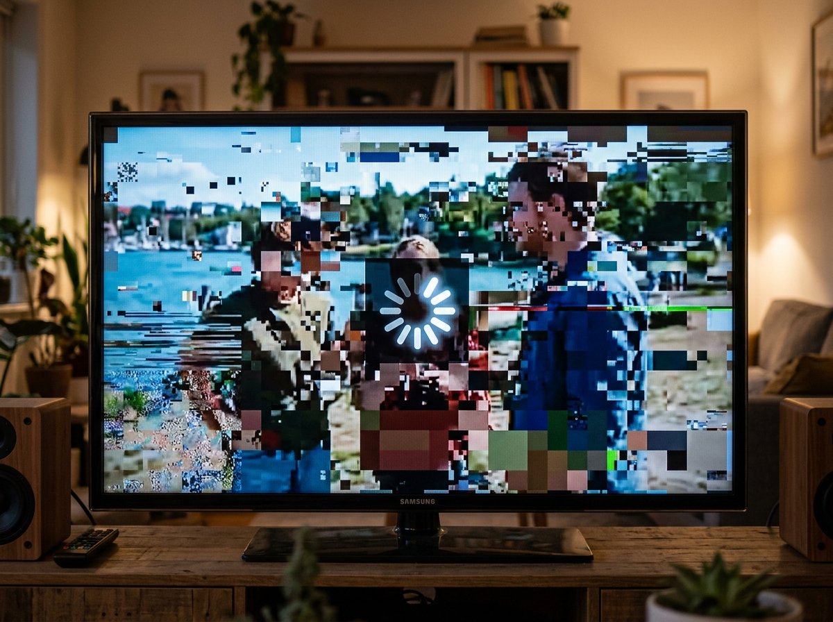 TV screen showing a pixelated blocky frame with a loading buffering spinner during streaming