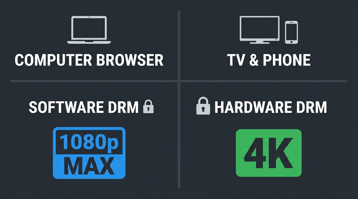 Diagram showing why browsers get 1080p with software DRM while TVs and phones get 4K with hardware DRM