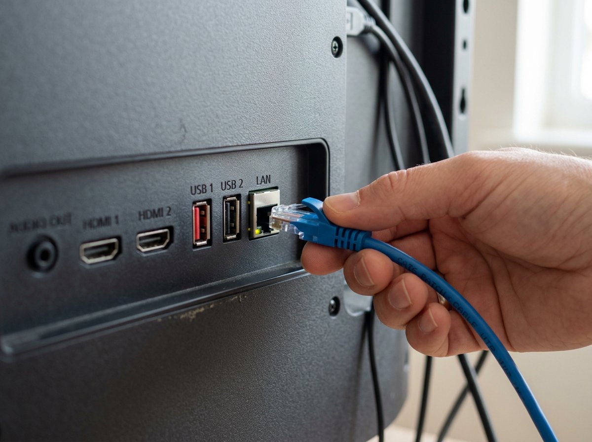 Hand plugging an ethernet cable into the LAN port on the back of a smart TV for stable streaming