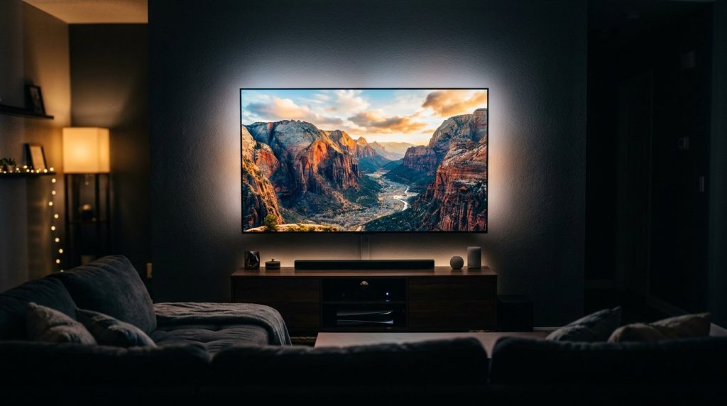 Large wall-mounted TV glowing with a vivid 4K cinematic scene in a dark cozy living room at night