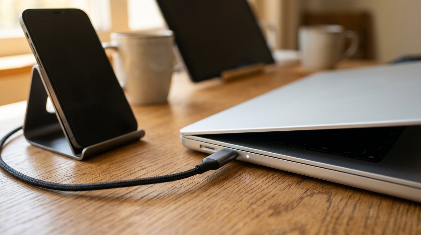 A laptop and phone charging on a desk, illustrating battery charging habits