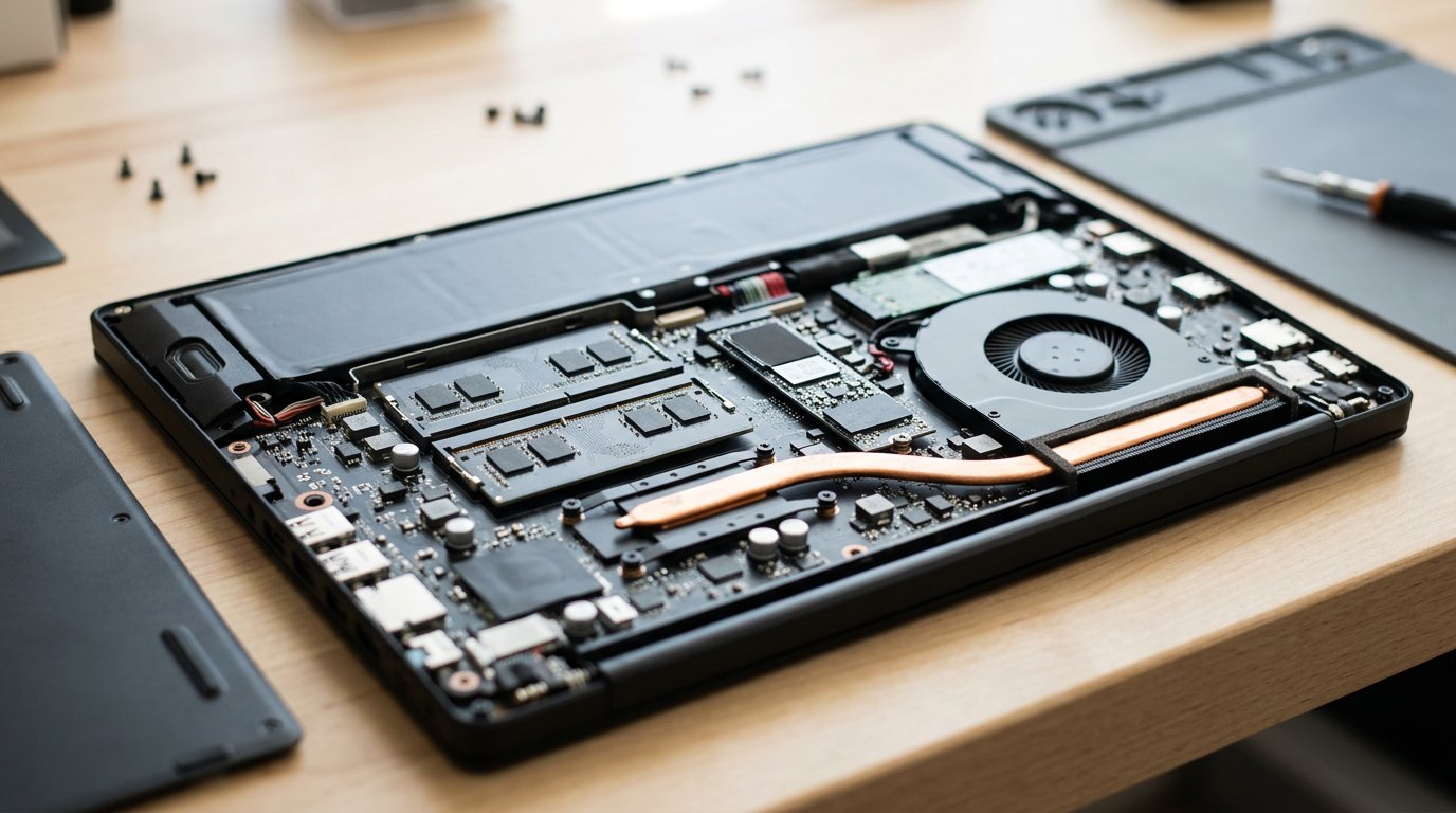 Inside a laptop showing RAM sticks, a solid-state drive, and the cooling fan