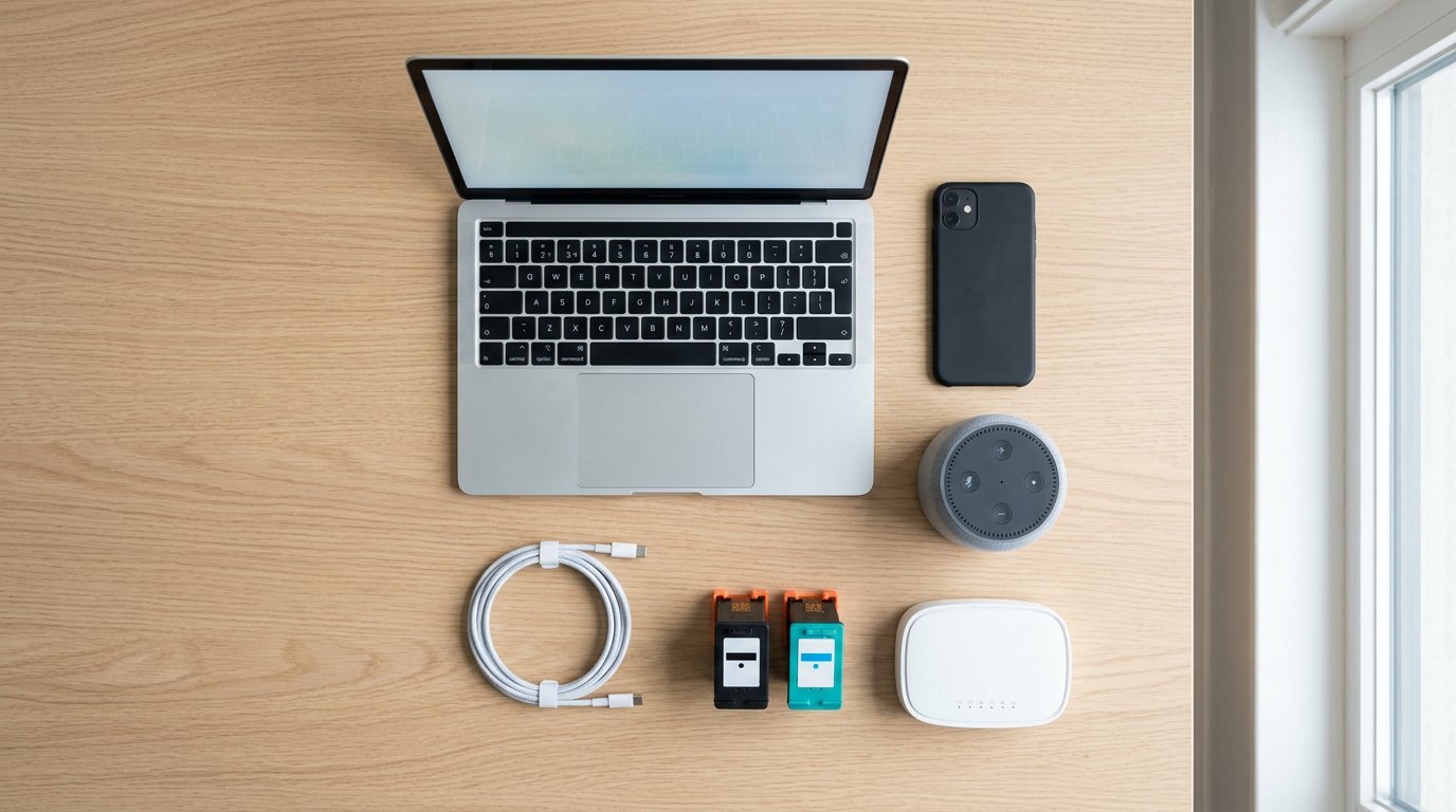 Flat-lay of everyday home tech: laptop, phone, router, ink cartridges, and speaker