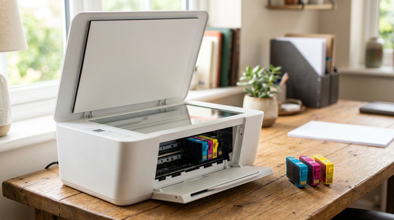 Home inkjet printer with loose ink cartridges on a desk beside it