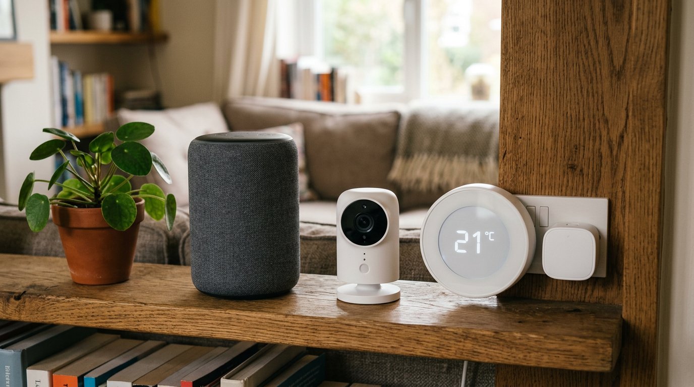 Smart-home devices on a shelf: a speaker, camera, thermostat, and smart plug