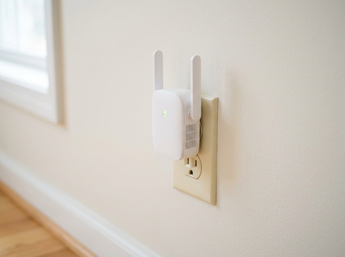 Close-up of a modern white dual-band WiFi range extender plugged into a wall outlet with signal light on