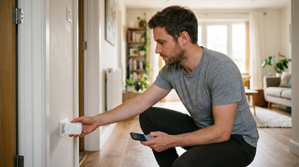 Person plugging a small white WiFi range extender into a hallway wall outlet at home