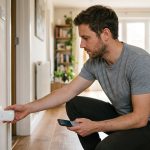 Person plugging a small white WiFi range extender into a hallway wall outlet at home