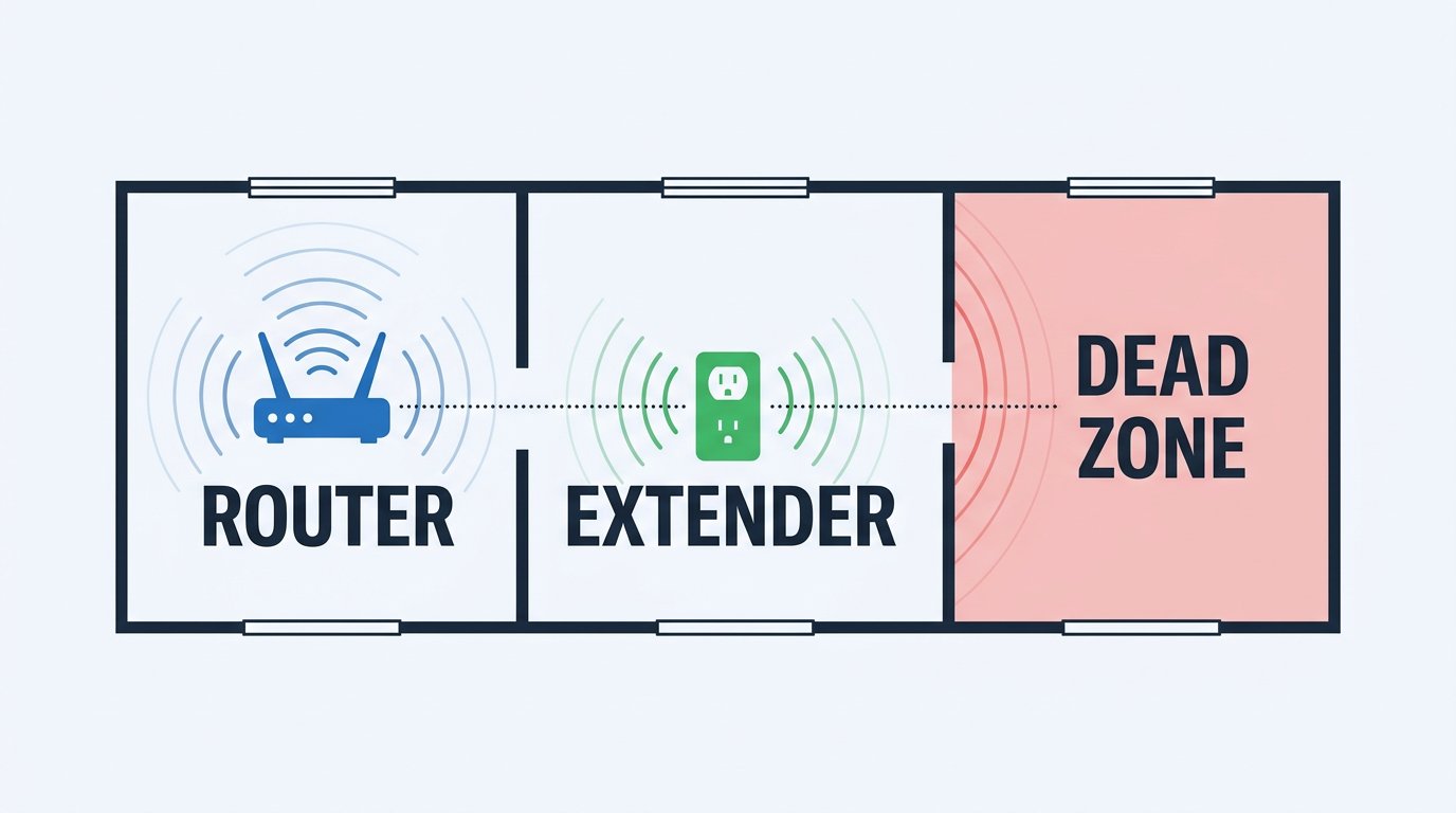 Diagram showing where to place a WiFi extender halfway between the router and the dead zone room
