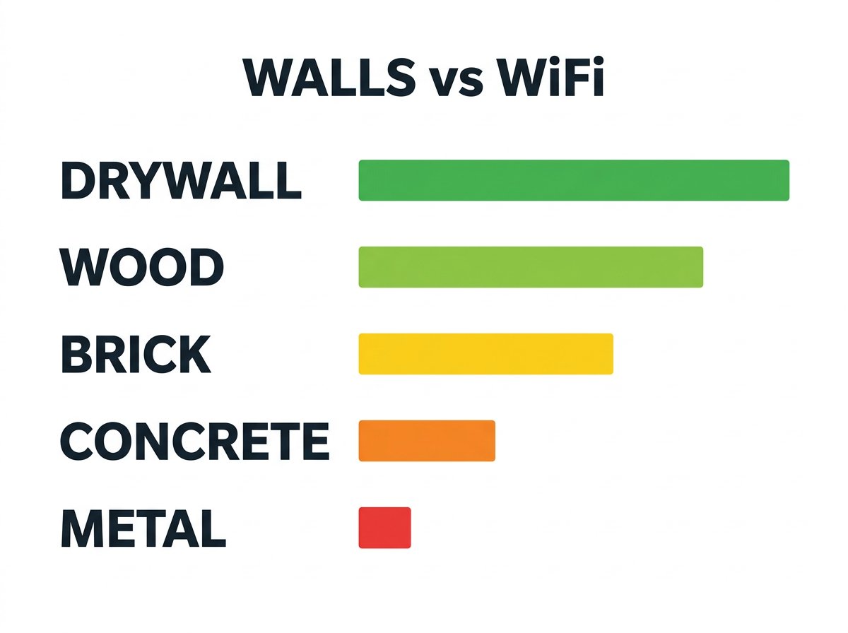 Chart comparing how different wall materials block WiFi signal from drywall to concrete and metal