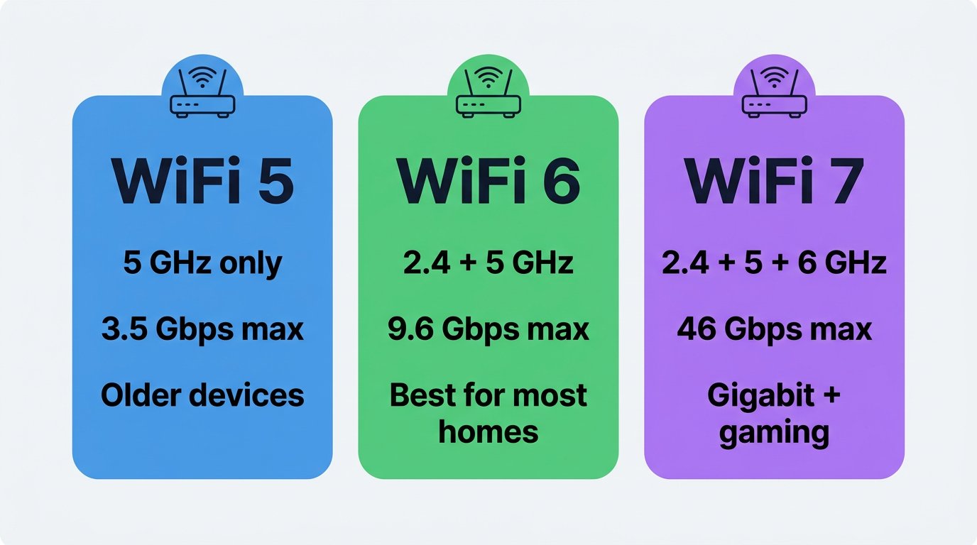 Comparison chart showing WiFi 5, WiFi 6, and WiFi 7 differences in bands, speed, and best use
