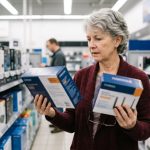 Shopper comparing two router boxes on an electronics store shelf, unsure which one to buy