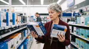 Shopper comparing two router boxes on an electronics store shelf, unsure which one to buy