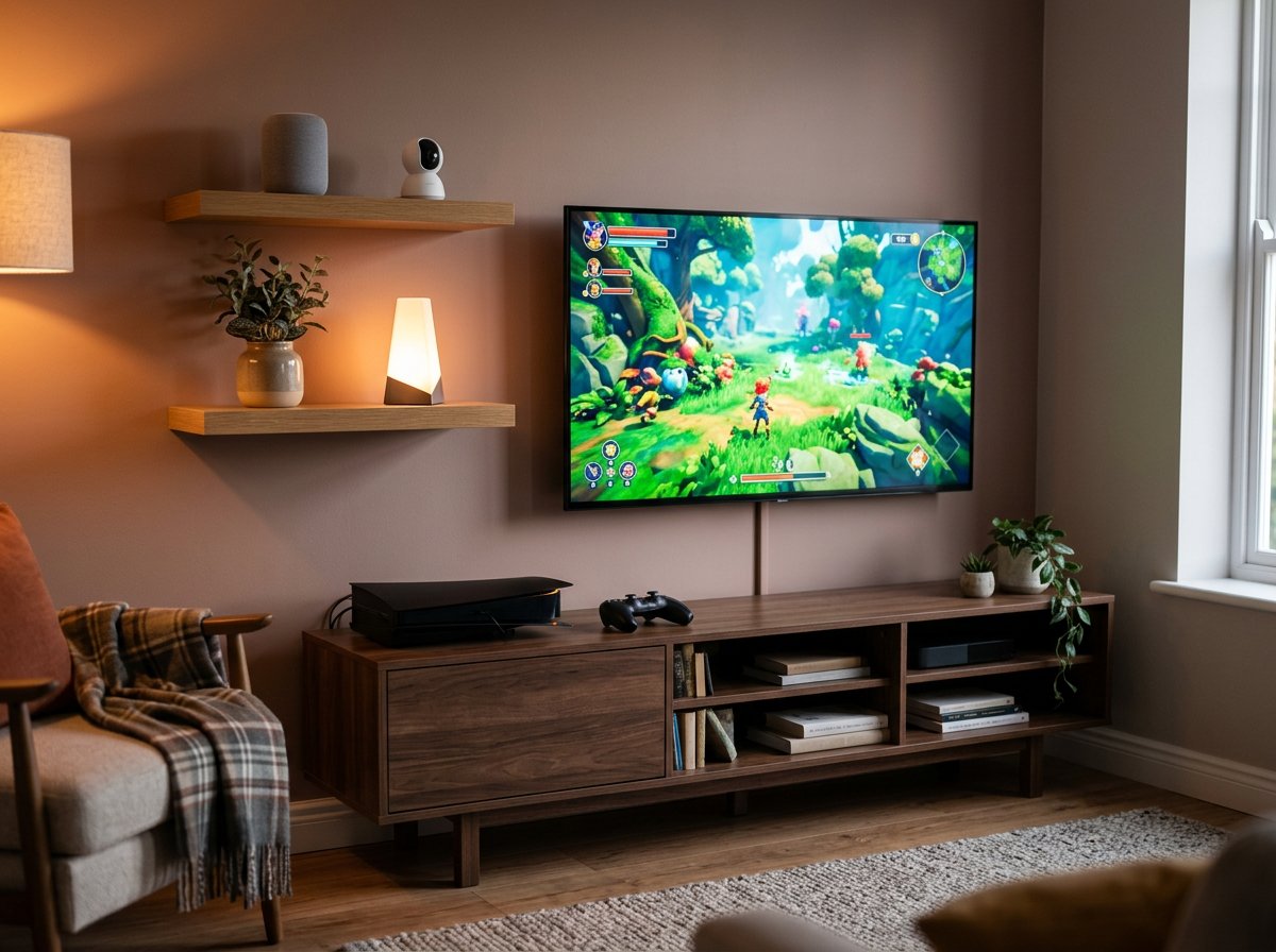 Living room with a gaming console and several smart home devices connected to home WiFi