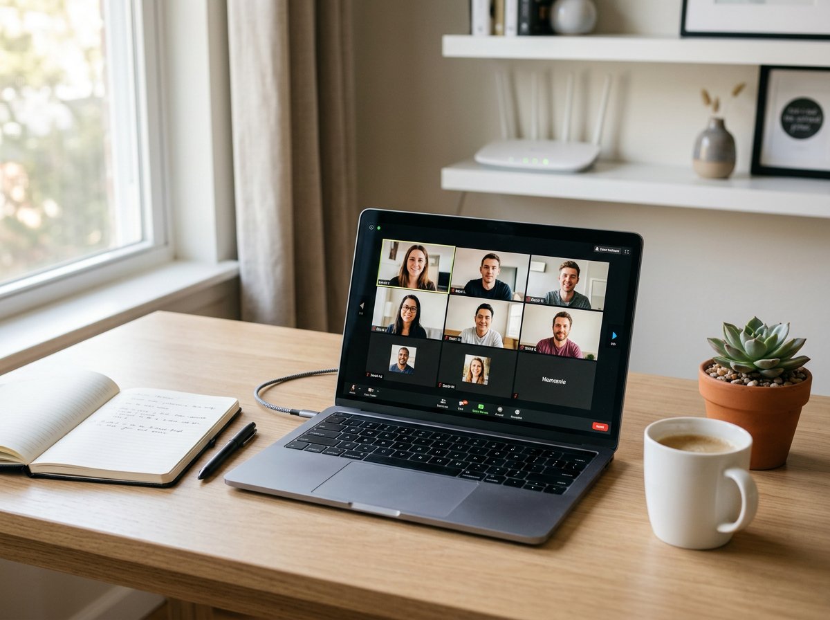 Home office desk with laptop on a video call representing the WiFi needs of remote work