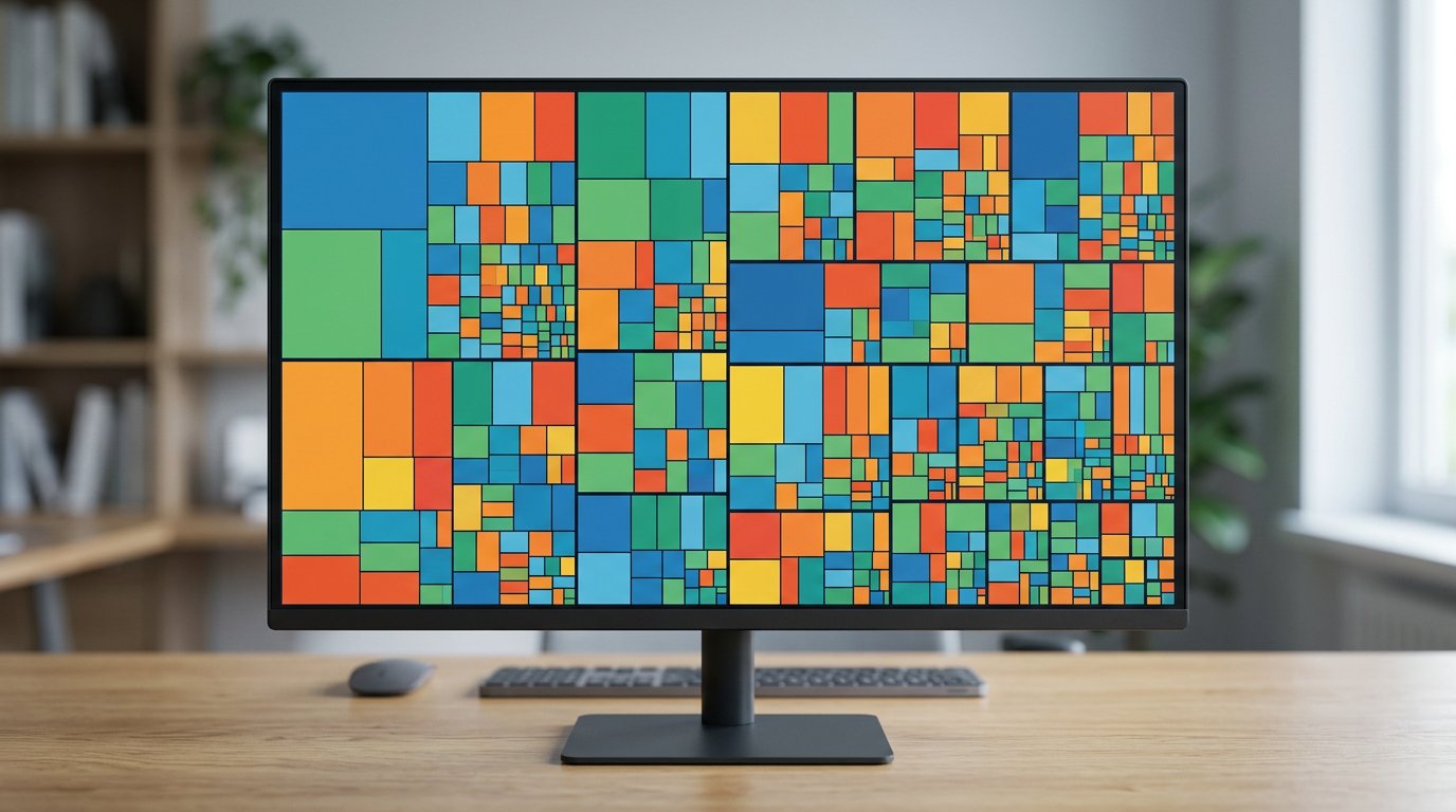 Colorful disk usage treemap on a monitor showing files sized by space used