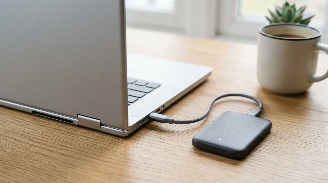 A new laptop with a small external SSD connected, set up for backups