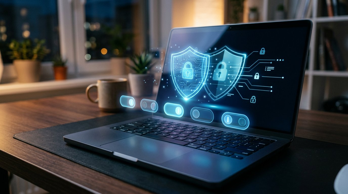 Laptop with a glowing privacy shield and toggle switches, adjusting Windows settings