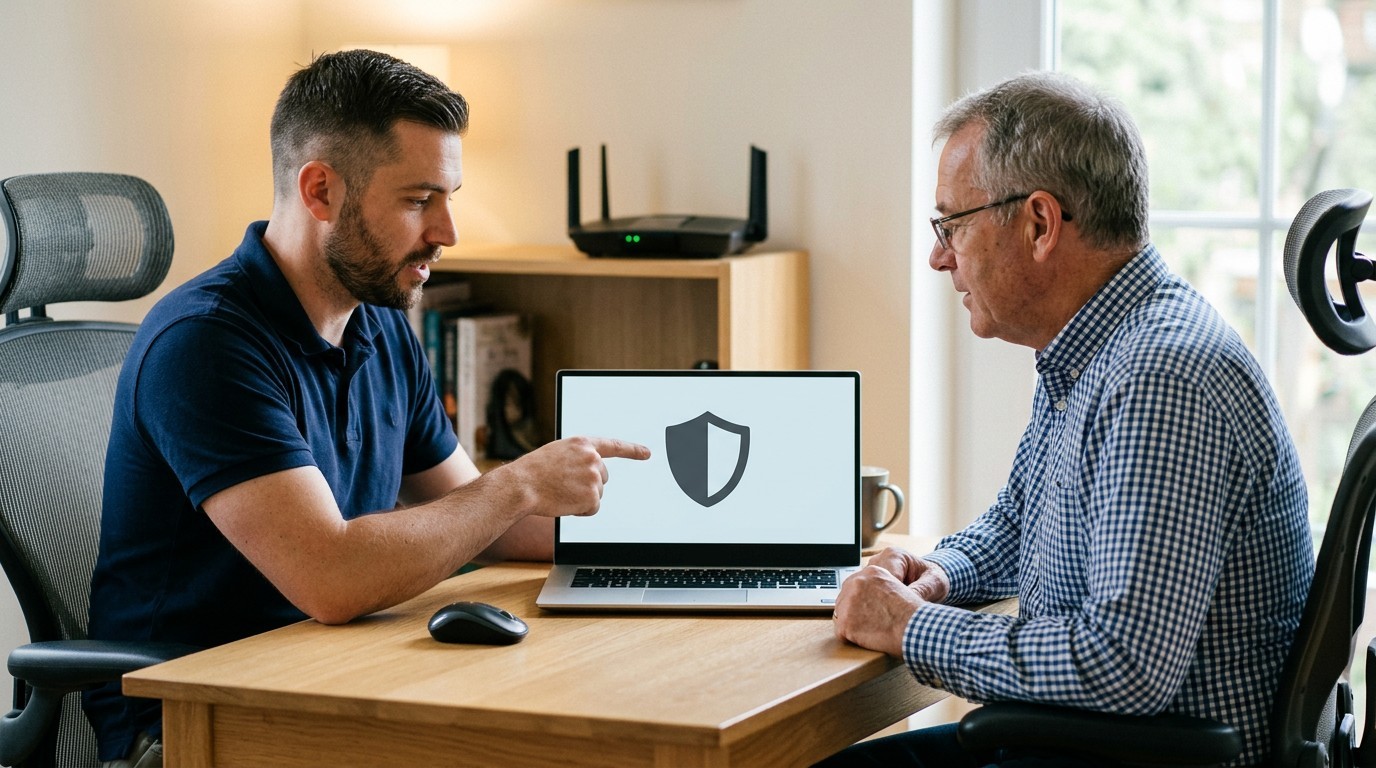 IT technician showing Windows Credential Manager to a client in a home office