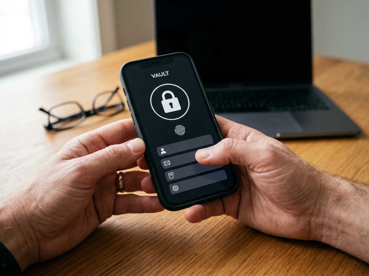 Checking saved passwords in a password manager app on a smartphone